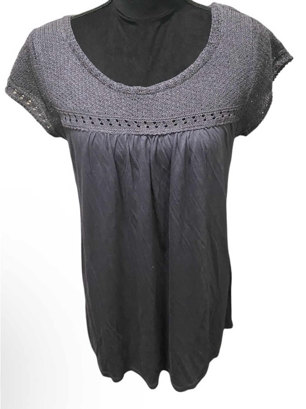 Chelsea & Theodore Crocheted Yoke Short Sleeve Top